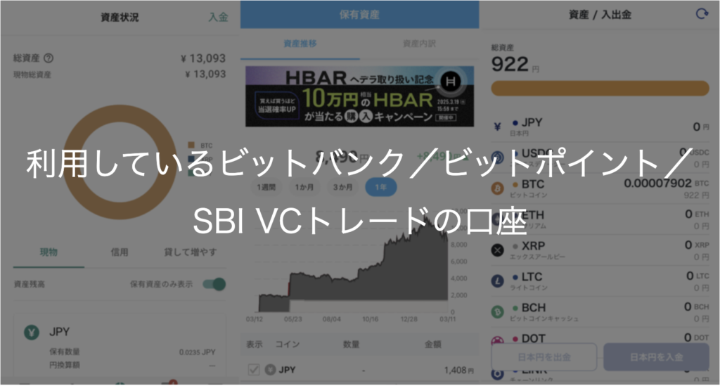 利用しているビットバンク/ビットポイント/SBI VCトレードの口座